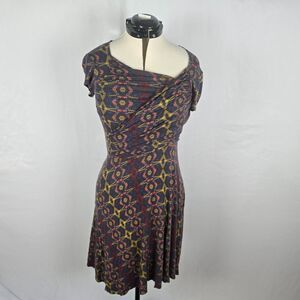 Leota Dress Women's M Multi-Color Geometric Wrap Knee Cap Sleeve Handmade NY